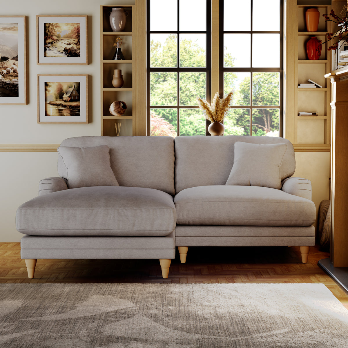 Bampton 3 Seater Chaise Sofa LH Silver Oak Feet from Roseland Furniture