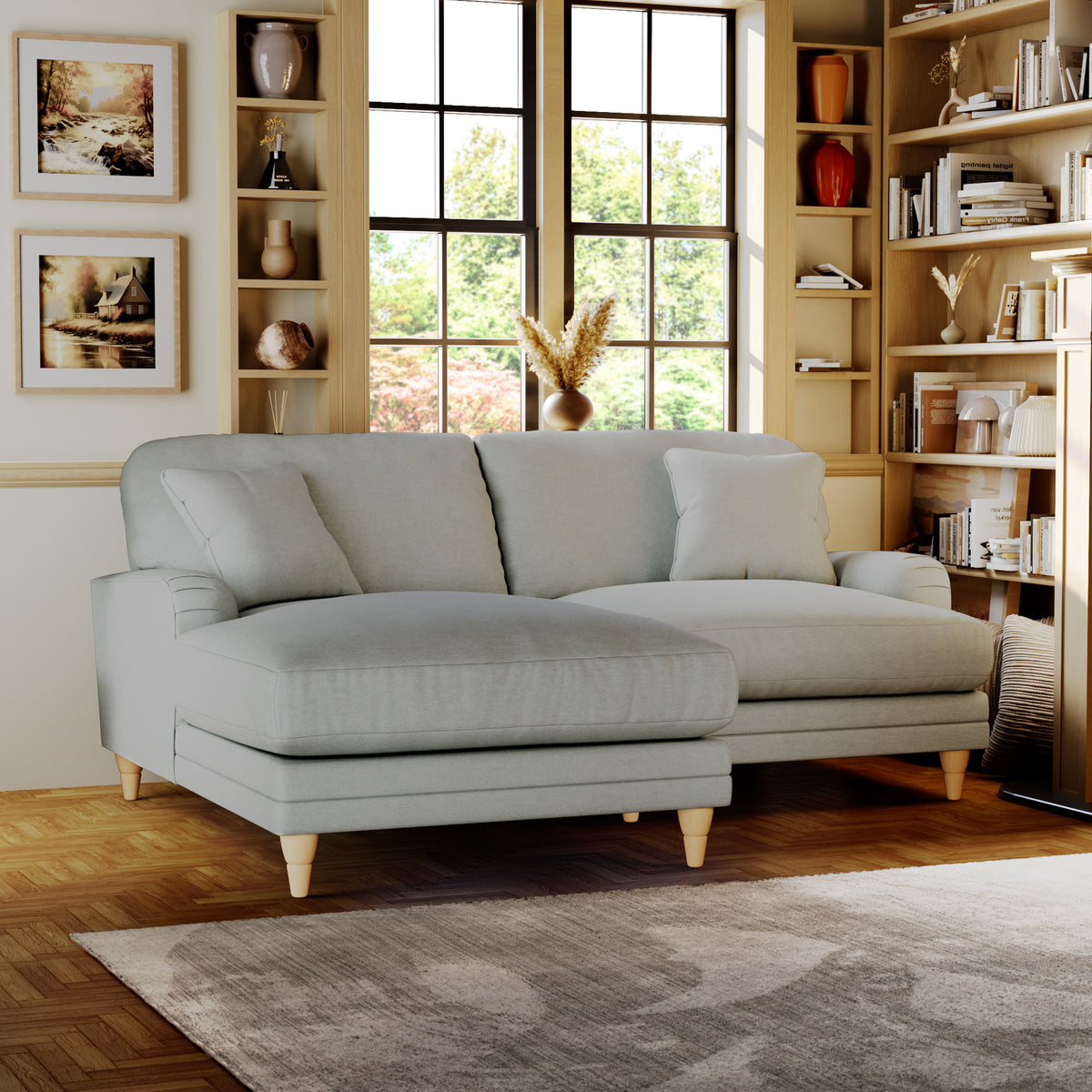 Bampton 3 Seater Chaise Sofa LH Warm Grey Oak Feet from Roseland Furniture