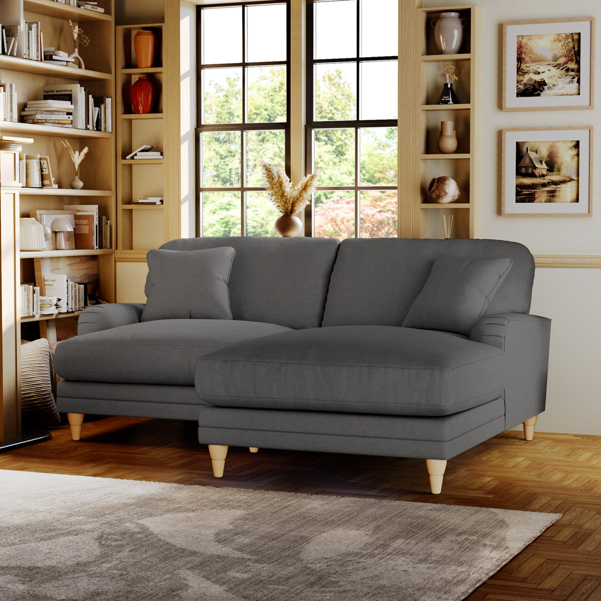Bampton 3 Seater Chaise Sofa RH Charcoal Oak Feet from Roseland Furniture