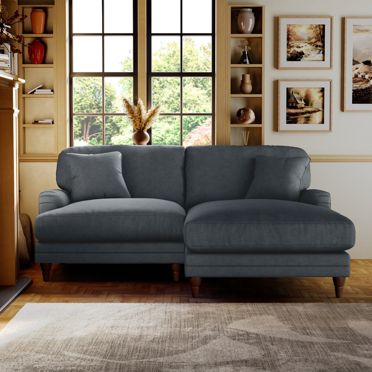 Bampton 3 Seater Chaise Sofa Granite Beech Feet from Roseland Furniture
