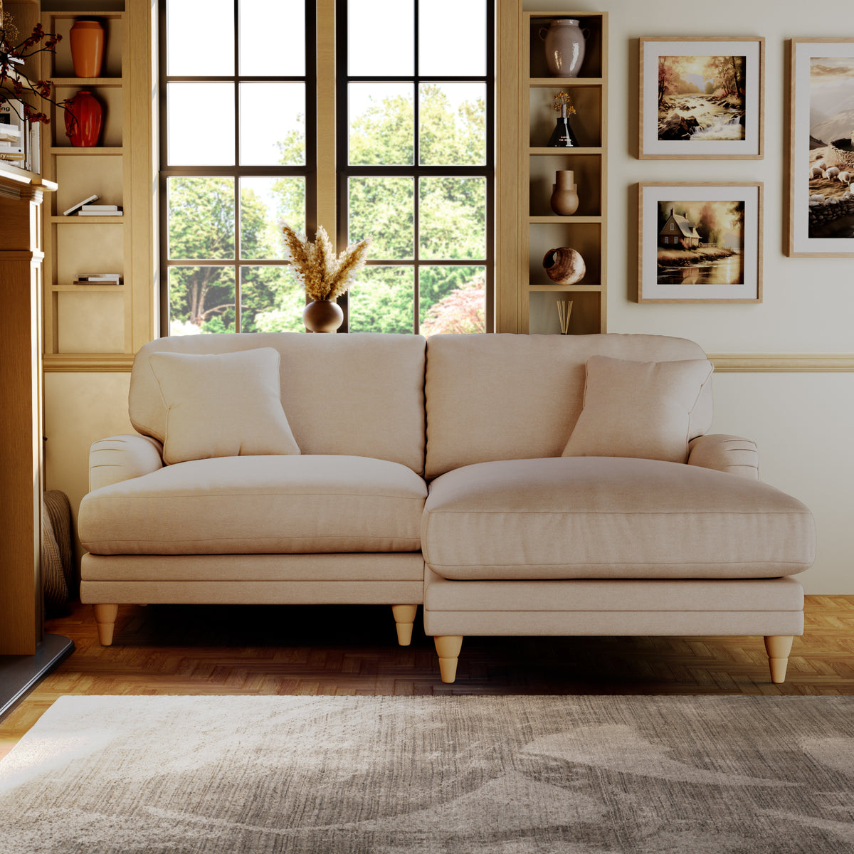 Bampton 3 Seater Chaise Sofa RH Cream Oak Feet from Roseland Furniture