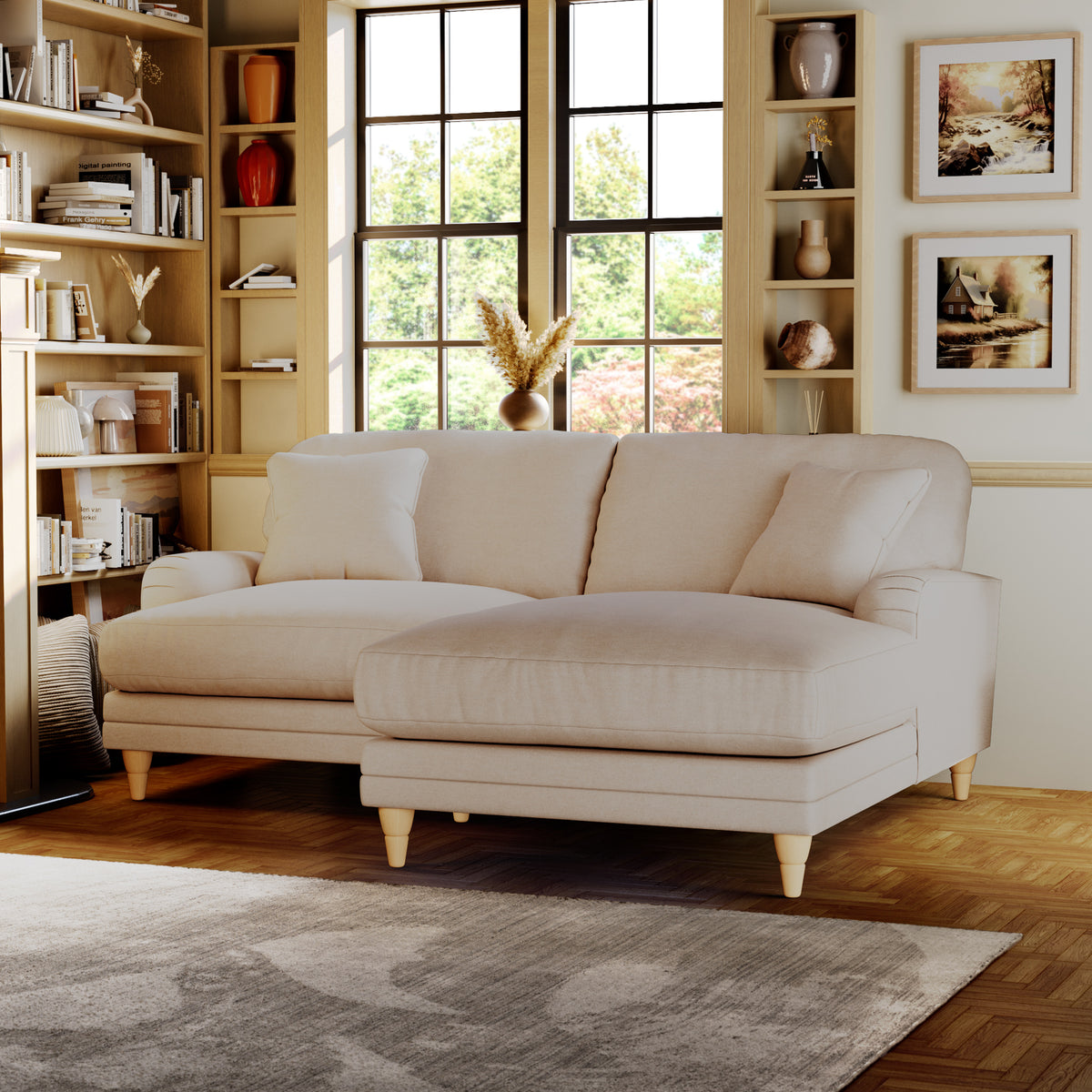 Bampton 3 Seater Chaise Sofa RH Cream Oak Feet from Roseland Furniture