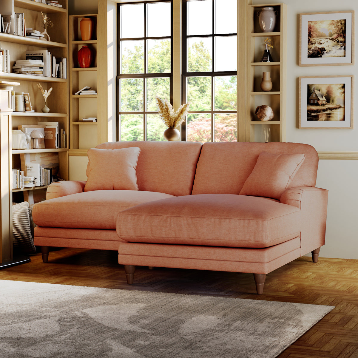 Bampton 3 Seater Chaise Sofa RH Salmon Beech Feet from Roseland Furniture