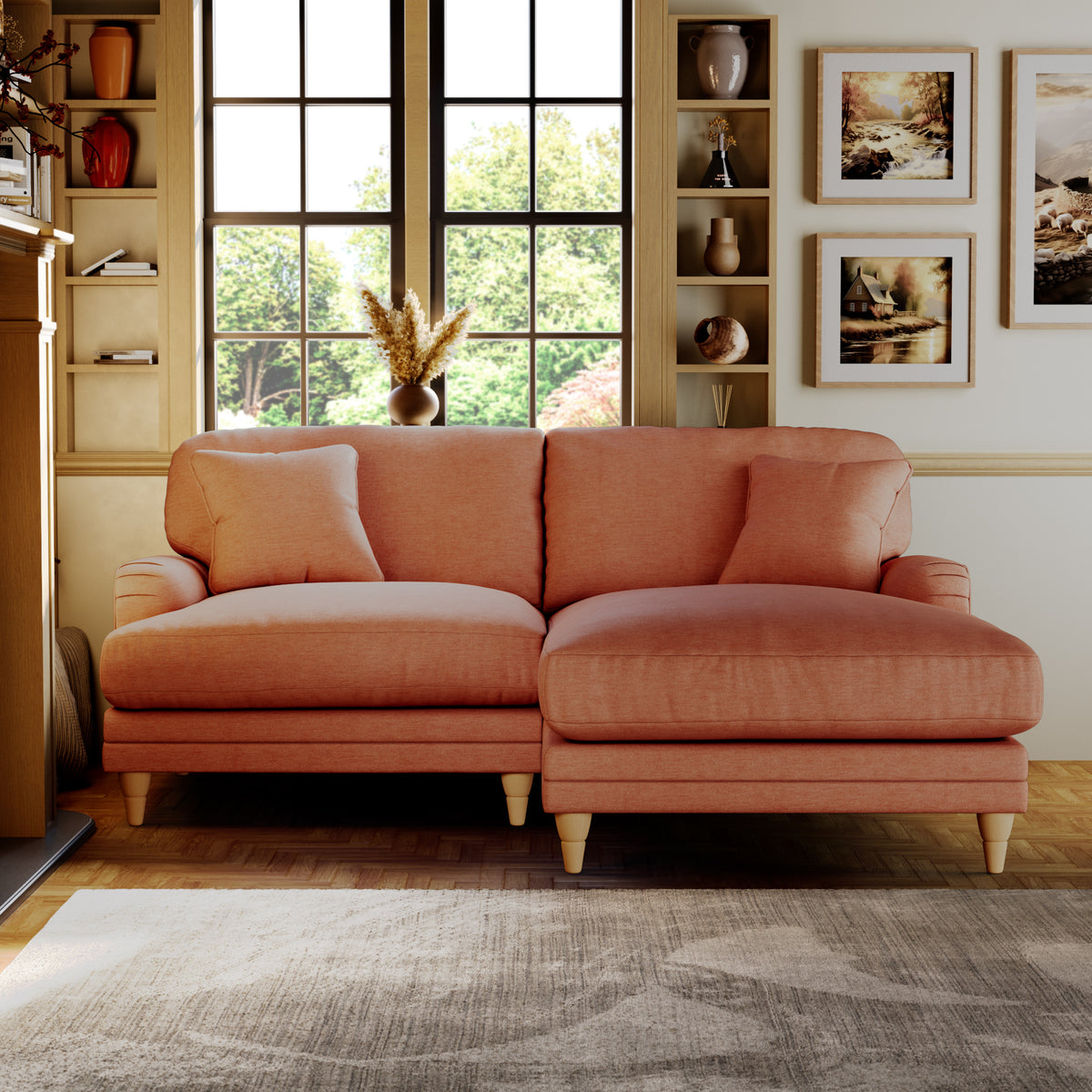Bampton 3 Seater Chaise Sofa RH Salmon Oak Feet from Roseland Furniture