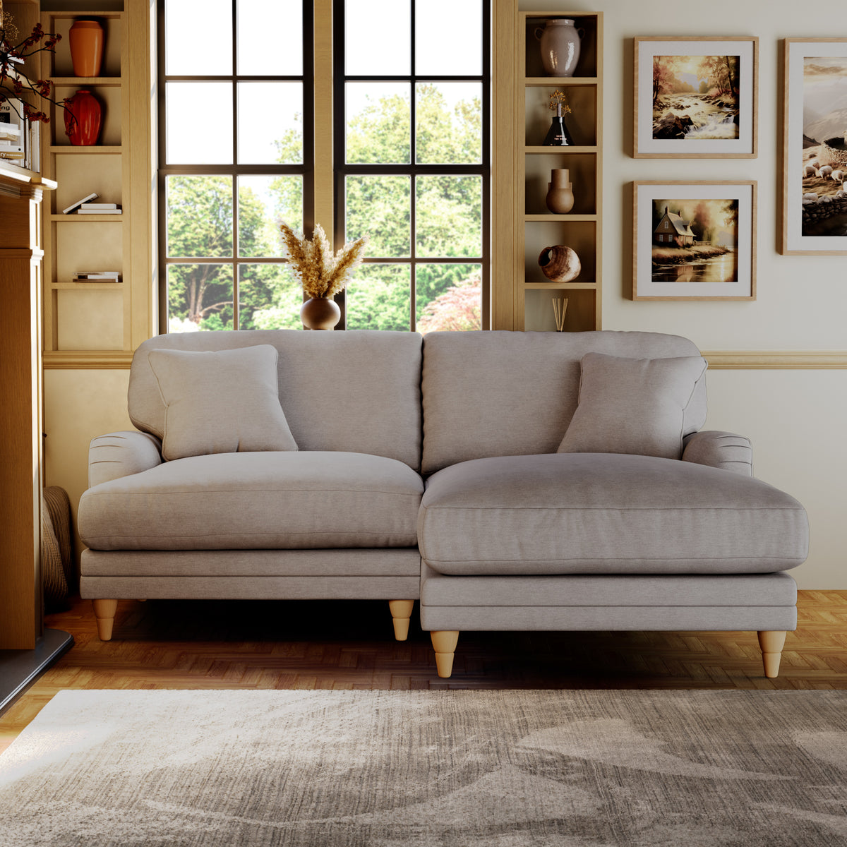 Bampton 3 Seater Chaise Sofa RH Silver Oak Feet from Roseland Furniture