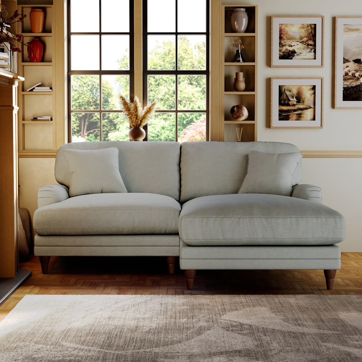 Bampton 3 Seater Chaise Sofa RH Warm Grey Beech Feet from Roseland Furniture