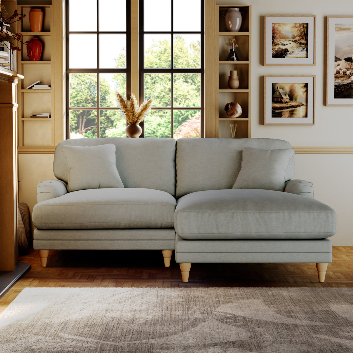 Bampton 3 Seater Chaise Sofa RH Warm Grey Oak Feet from Roseland Furniture
