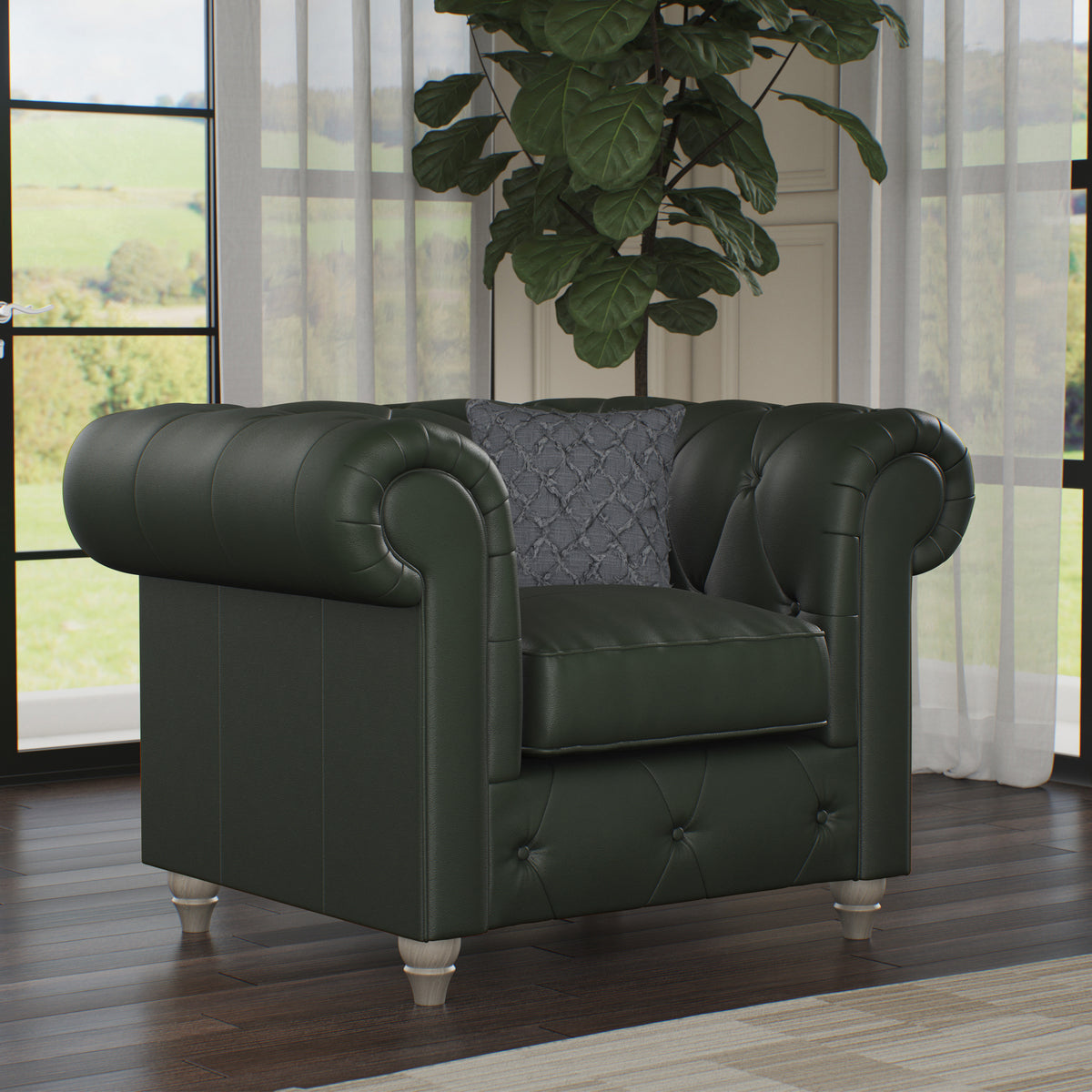Everett Leather Armchair Green Washed Oak Feet from Roseland Furniture