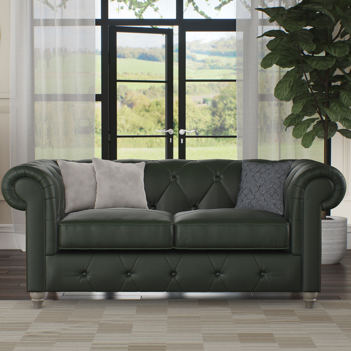 Everett Leather 2 Seater Sofa Green Washed Feet from Roseland Furniture