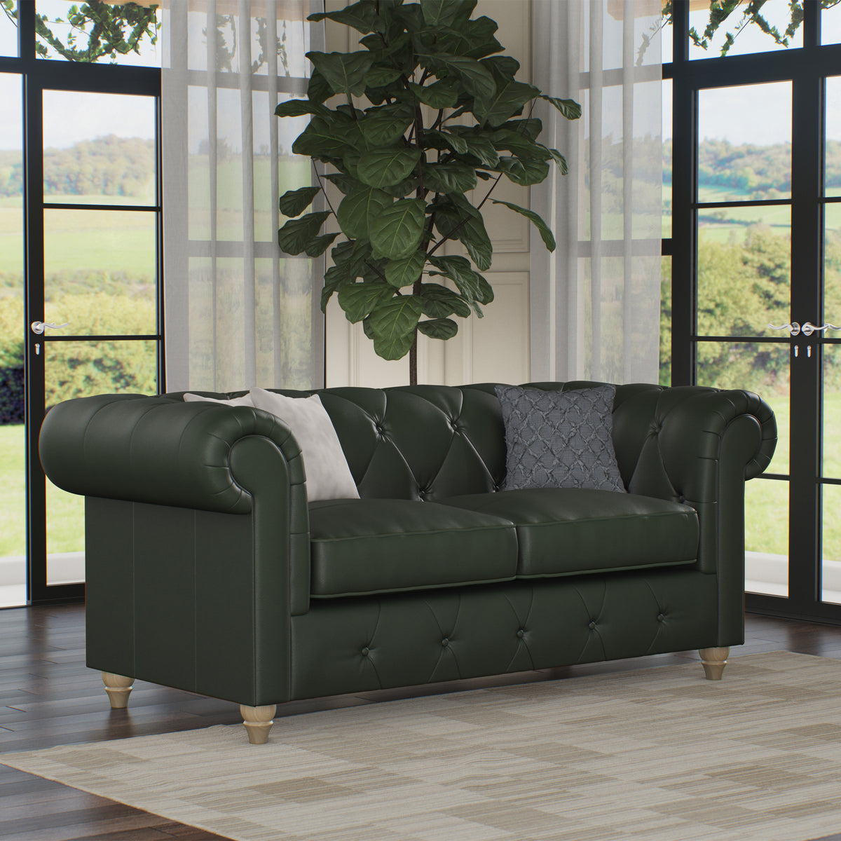 Everett Leather 2 Seater Sofa Green Walnut Feet from Roseland Furniture