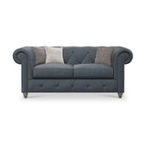 Everett Leather 2 Seater Sofa Navy Washed Feet from Roseland Furniture