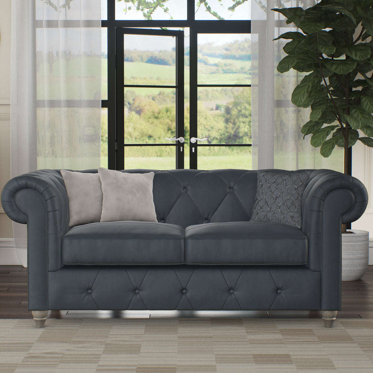 Everett Leather 2 Seater Sofa Navy Washed Feet from Roseland Furniture
