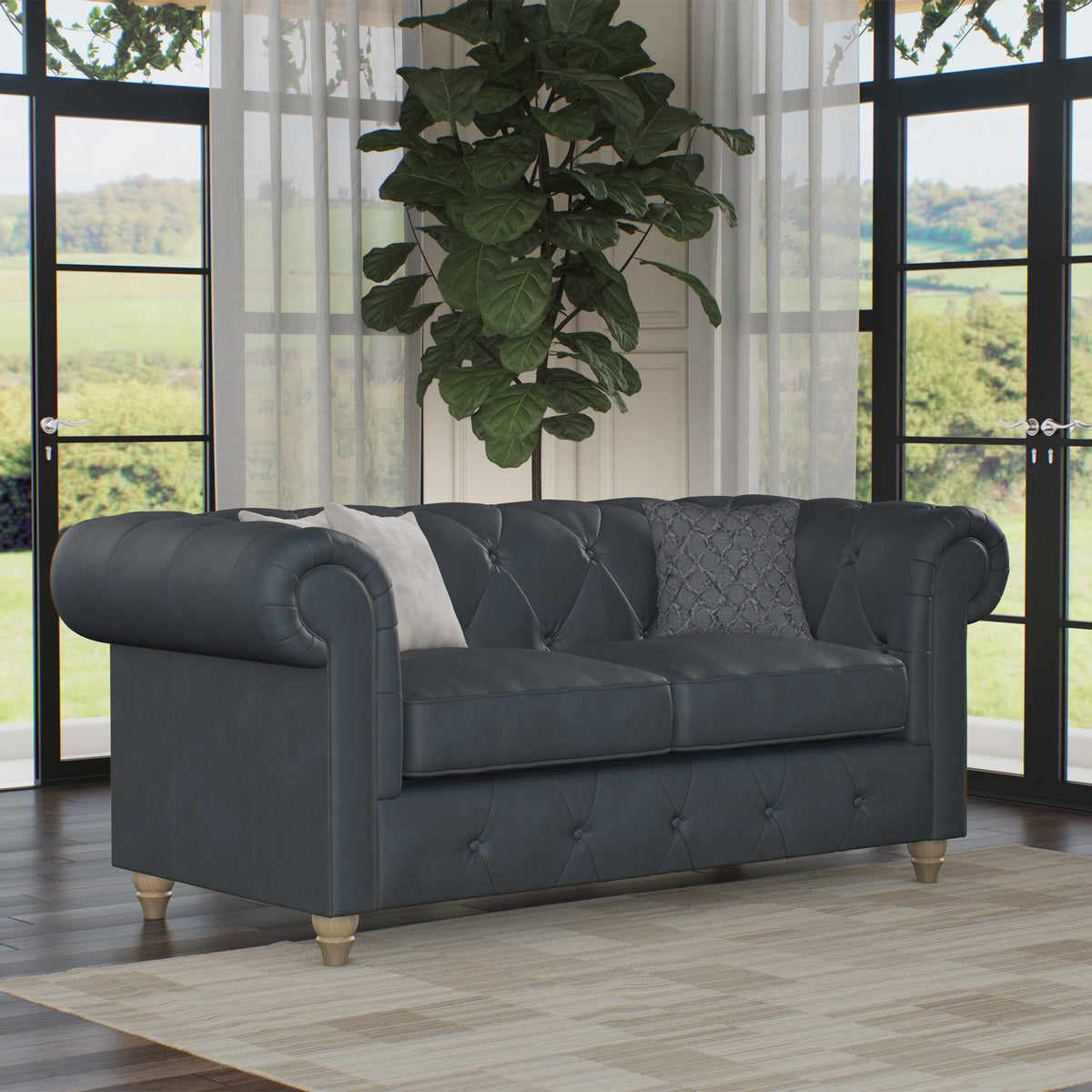 Everett Leather 2 Seater Sofa Navy Walnut Feet from Roseland Furniture