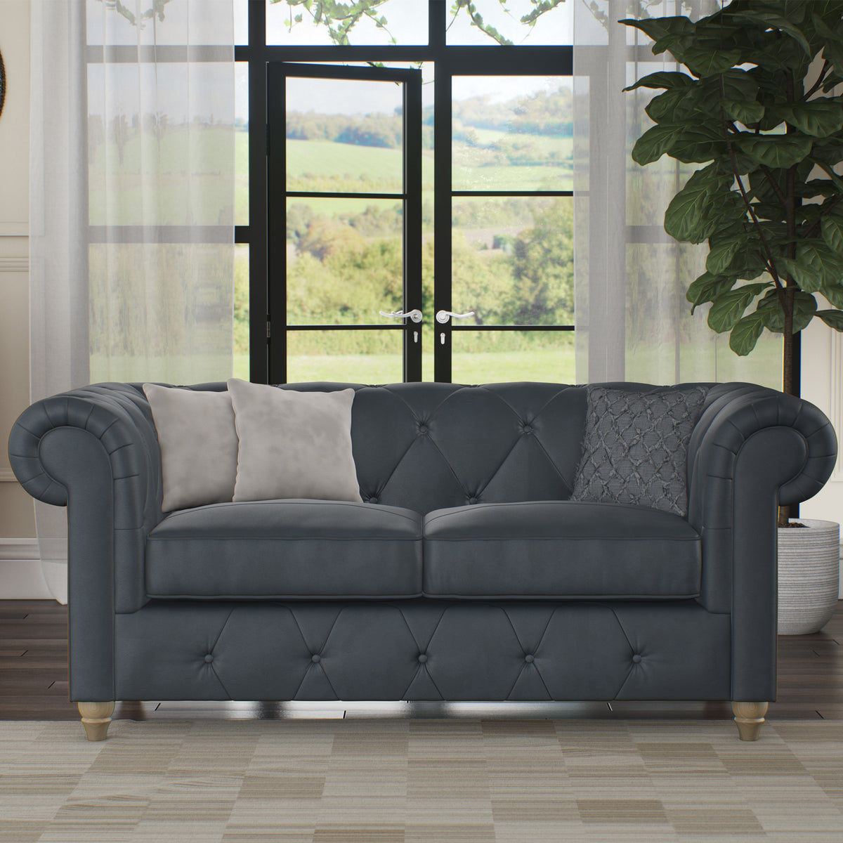 Everett Leather 2 Seater Sofa Navy Walnut Feet from Roseland Furniture