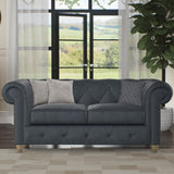 Everett Leather 2 Seater Sofa Navy Walnut Feet from Roseland Furniture