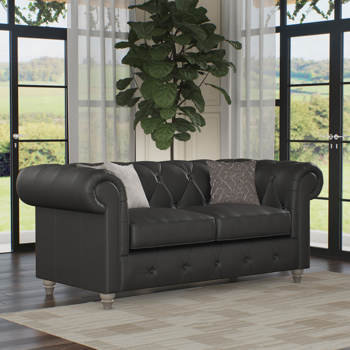 Everett Leather 2 Seater Sofa Raven Washed Feet from Roseland Furniture
