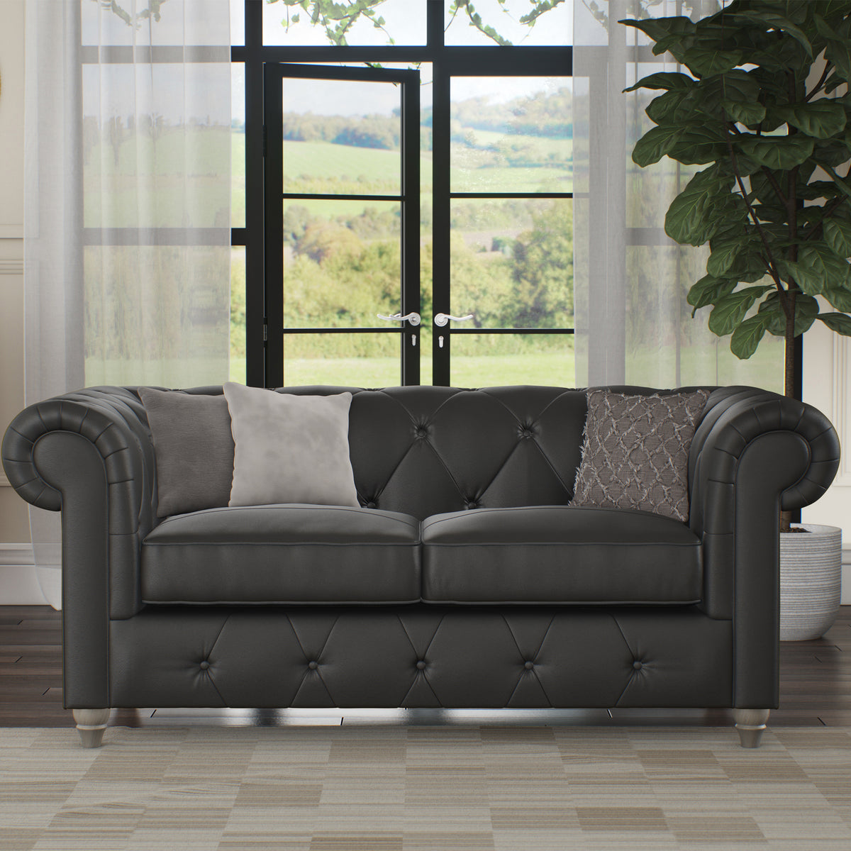 Everett Leather 2 Seater Sofa Raven Washed Feet from Roseland Furniture