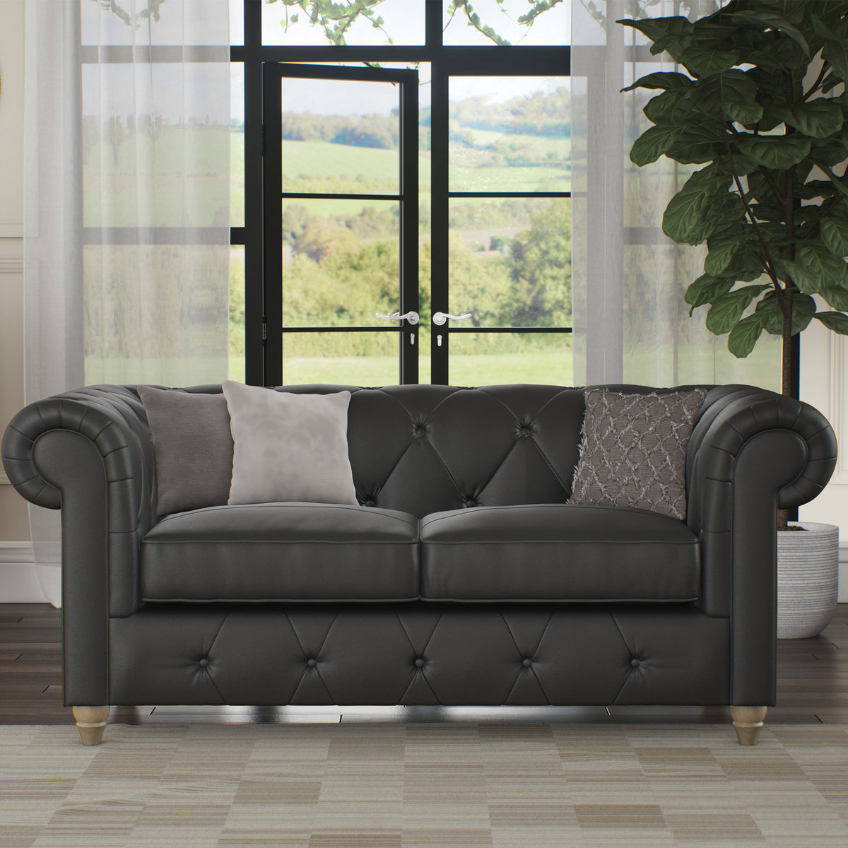 Everett Leather 2 Seater Sofa Raven Walnut Feet from Roseland Furniture