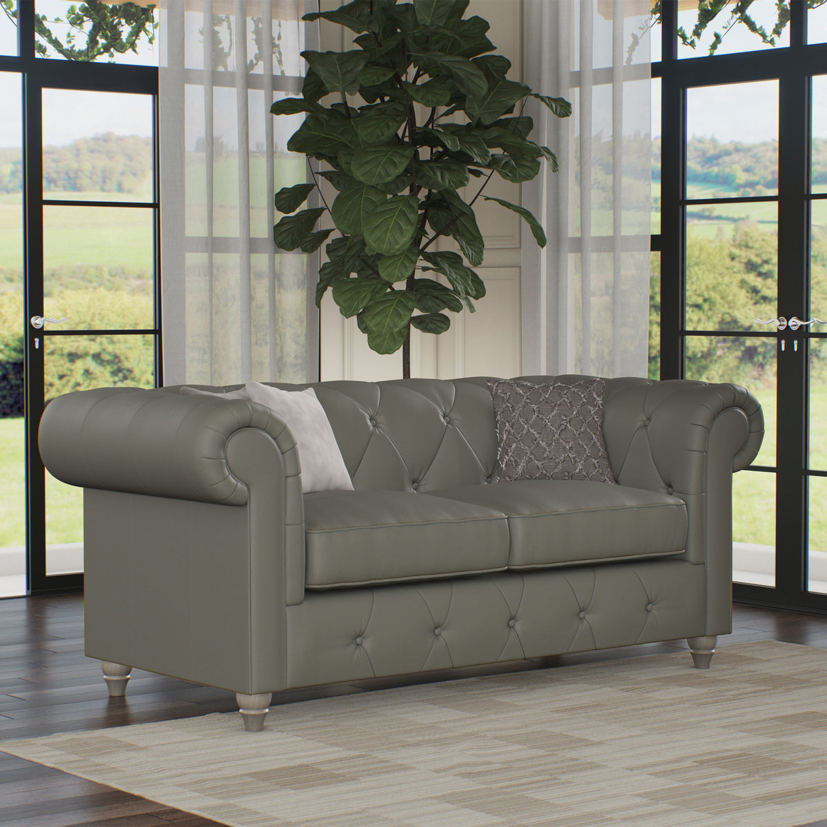 Everett Leather 2 Seater Sofa Stone Grey Washed Feet from Roseland Furniture