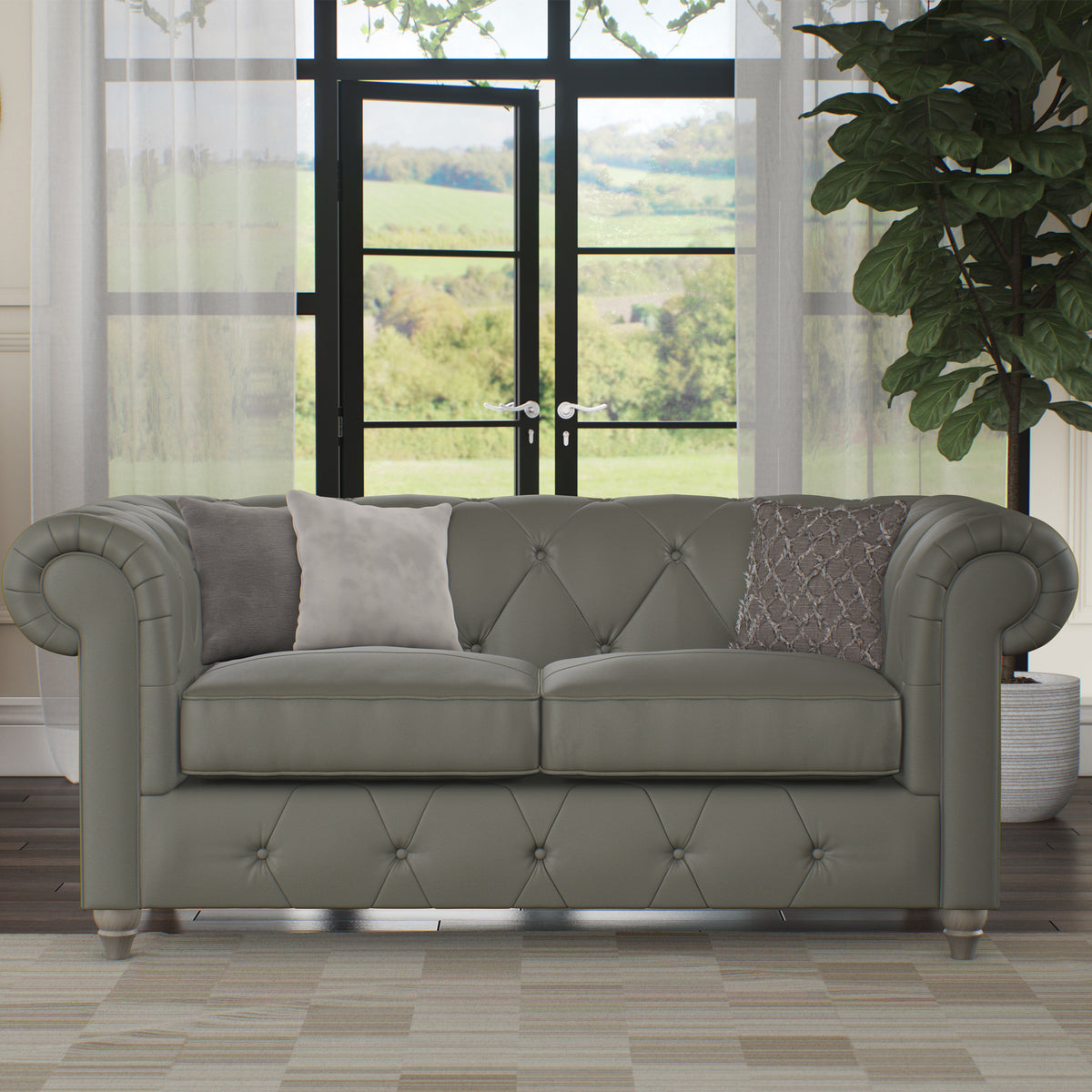 Everett Leather 2 Seater Sofa Stone Grey Washed Feet from Roseland Furniture