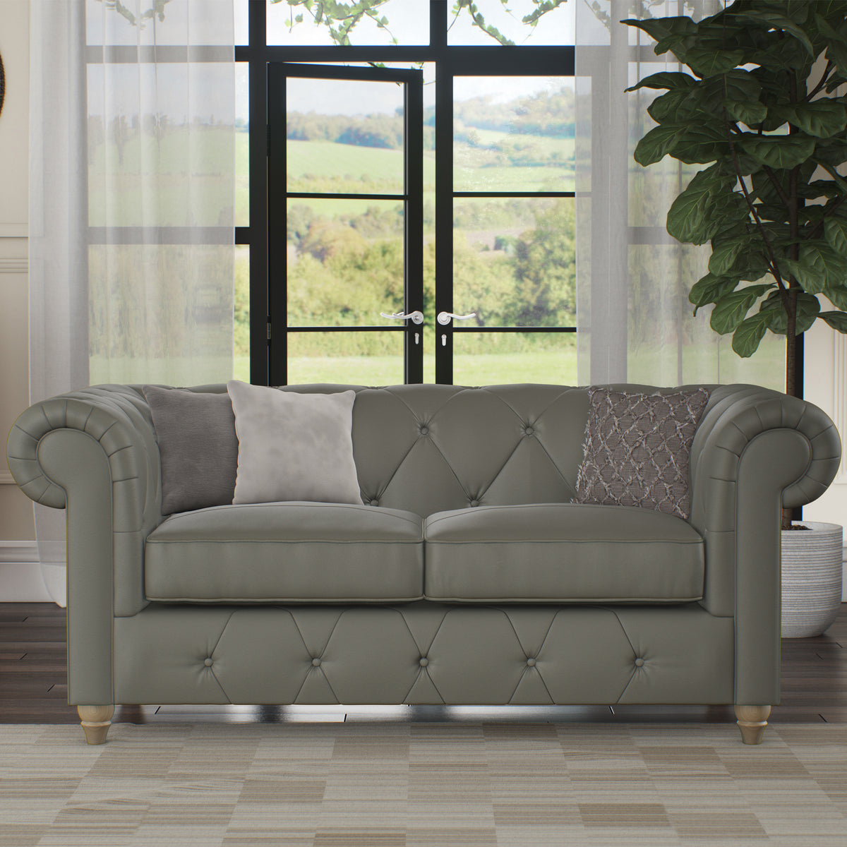 Everett Leather 2 Seater Sofa Stone Grey Walnut Feet from Roseland Furniture
