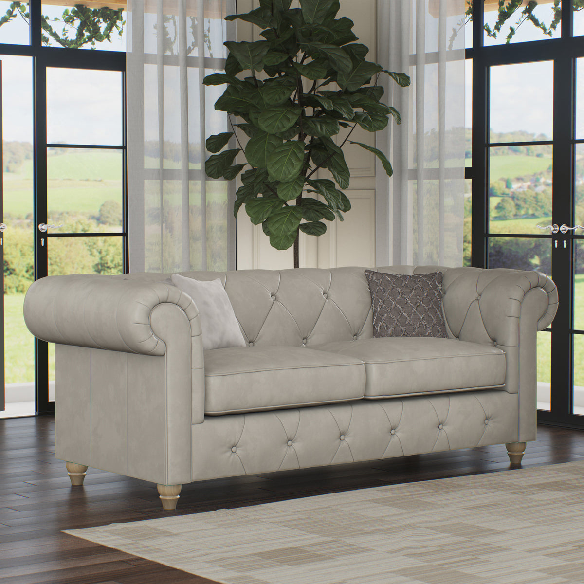 Everett Leather 3 Seater Sofa Cloud Walnut Feet from Roseland Furniture