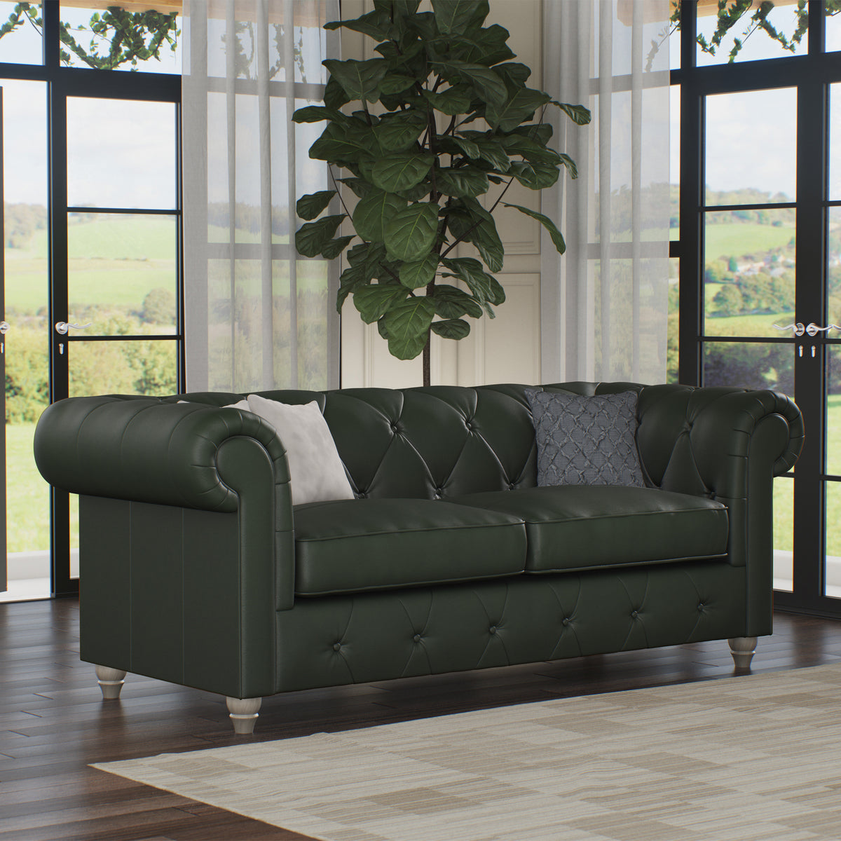 Everett Leather 3 Seater Sofa Green Washed Feet from Roseland Furniture