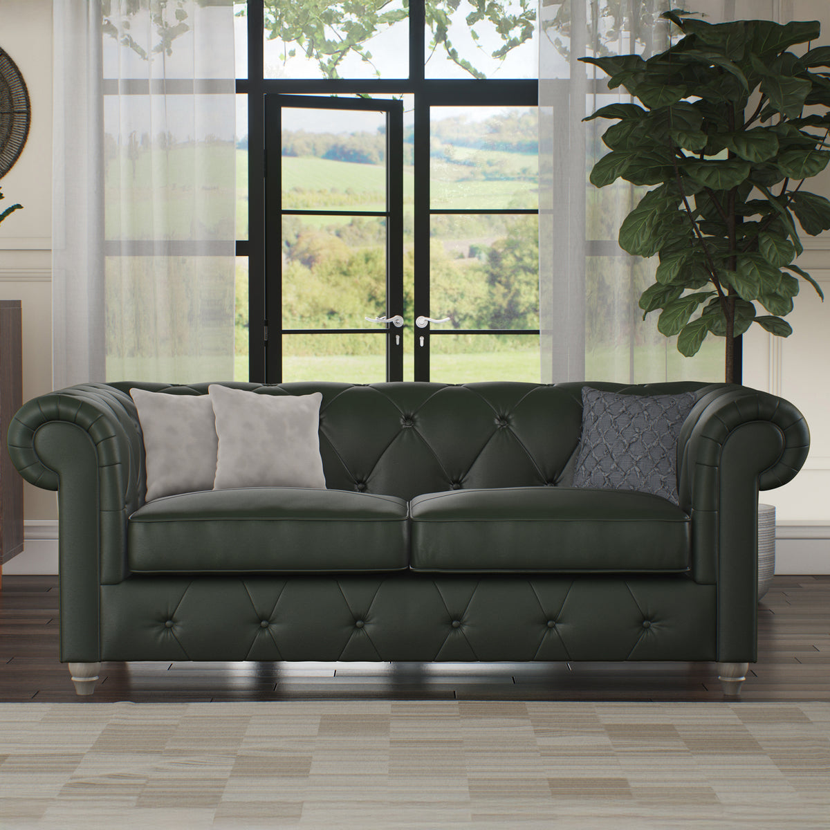 Everett Leather 3 Seater Sofa Green Washed Feet from Roseland Furniture