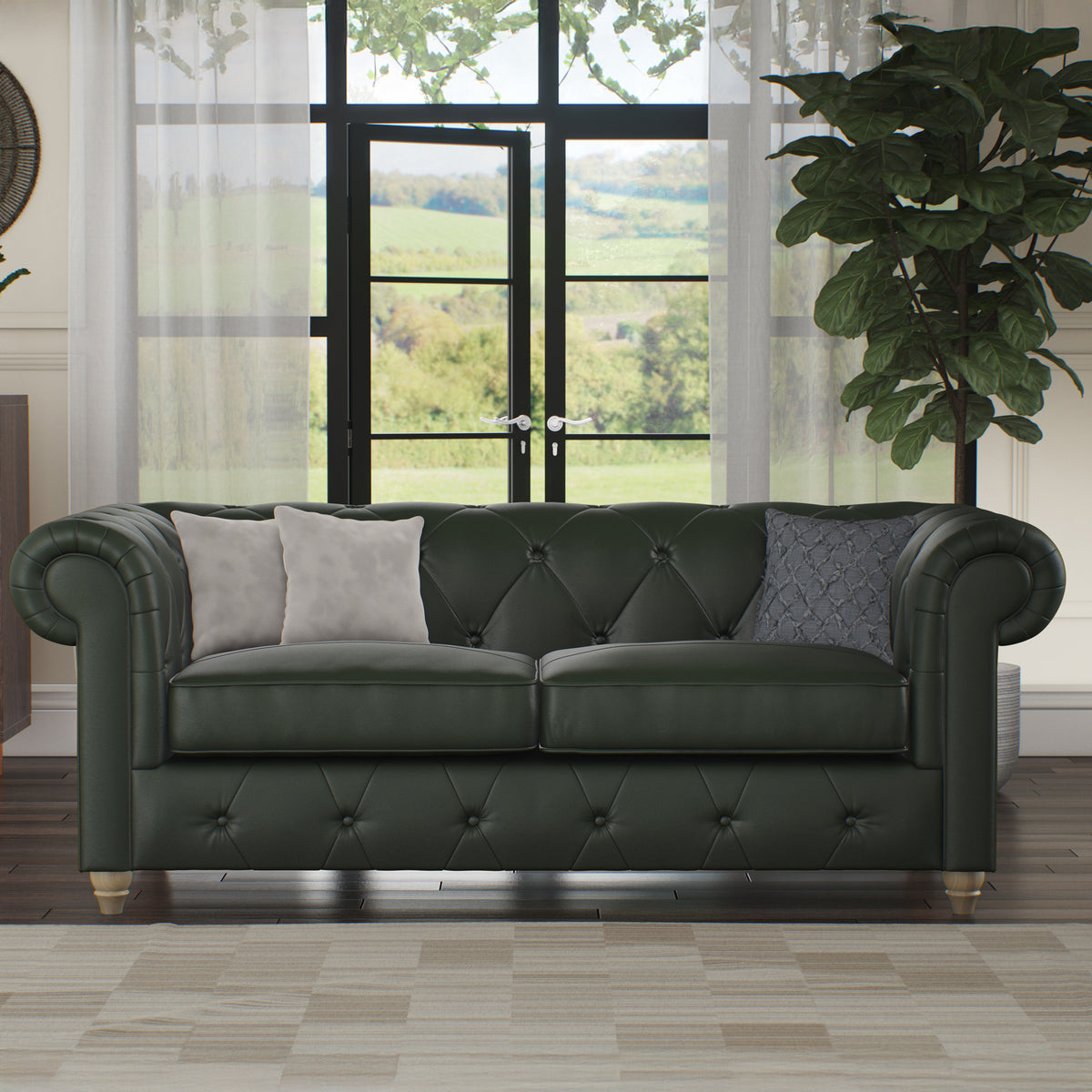Everett Leather 3 Seater Sofa Green Walnut Feet from Roseland Furniture