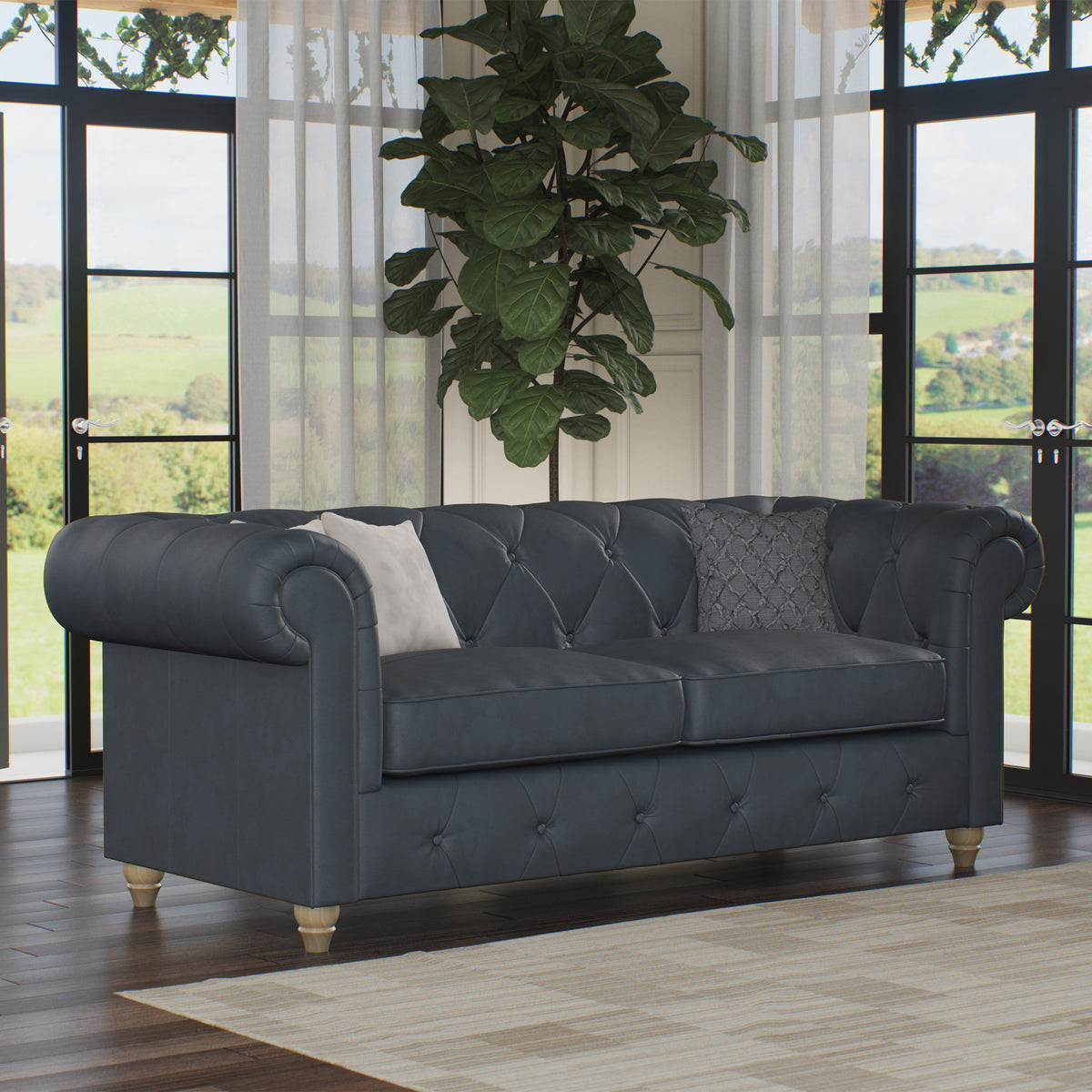 Everett Leather 3 Seater Sofa Navy Walnut Feet from Roseland Furniture
