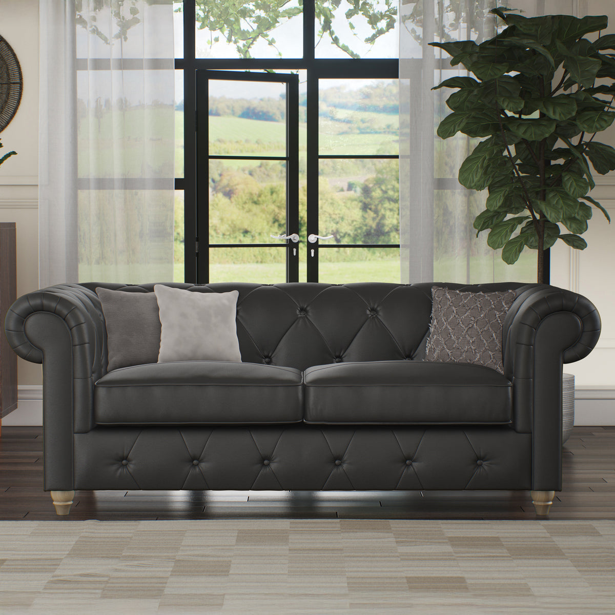 Everett Leather 3 Seater Sofa Raven Walnut Feet from Roseland Furniture