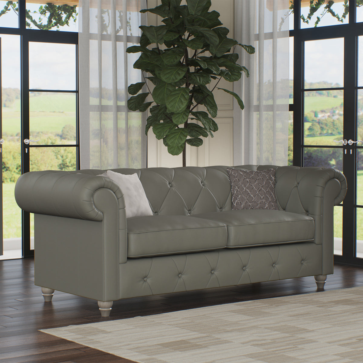 Everett Leather 3 Seater Sofa Stone Grey Washed Feet from Roseland Furniture