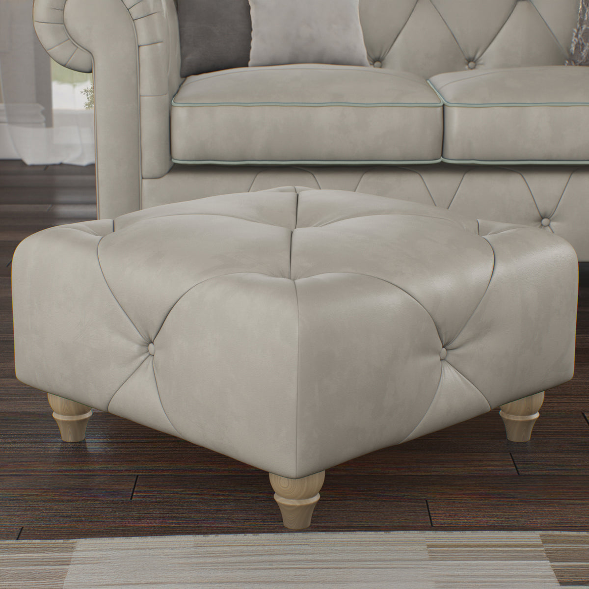 Everett Leather Footstool Cloud Walnut Feet from Roseland Furniture