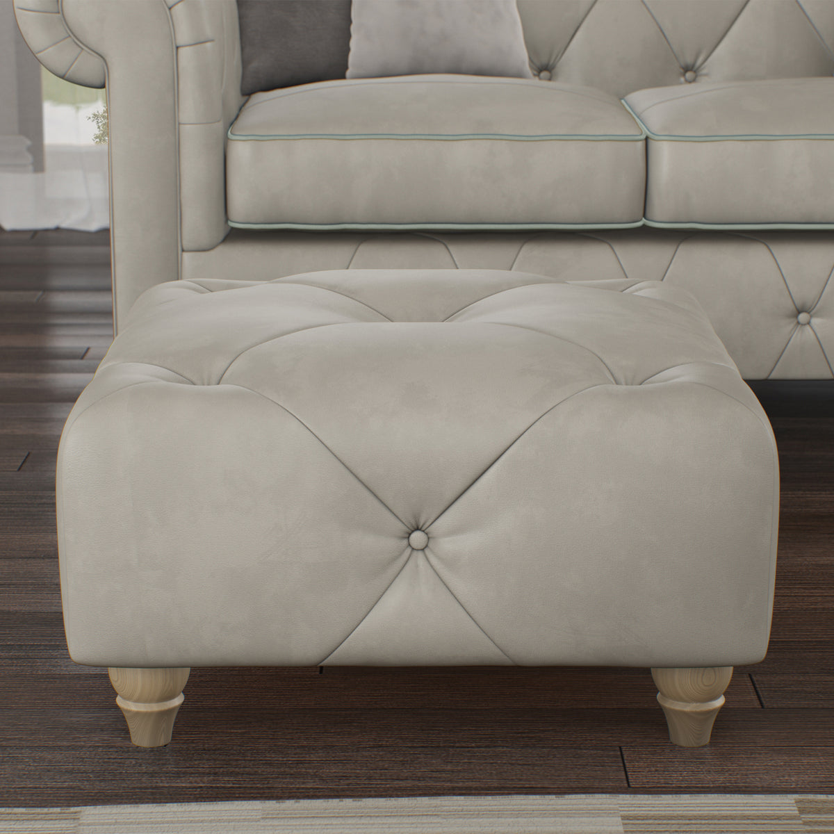 Everett Leather Footstool Cloud Walnut Feet from Roseland Furniture