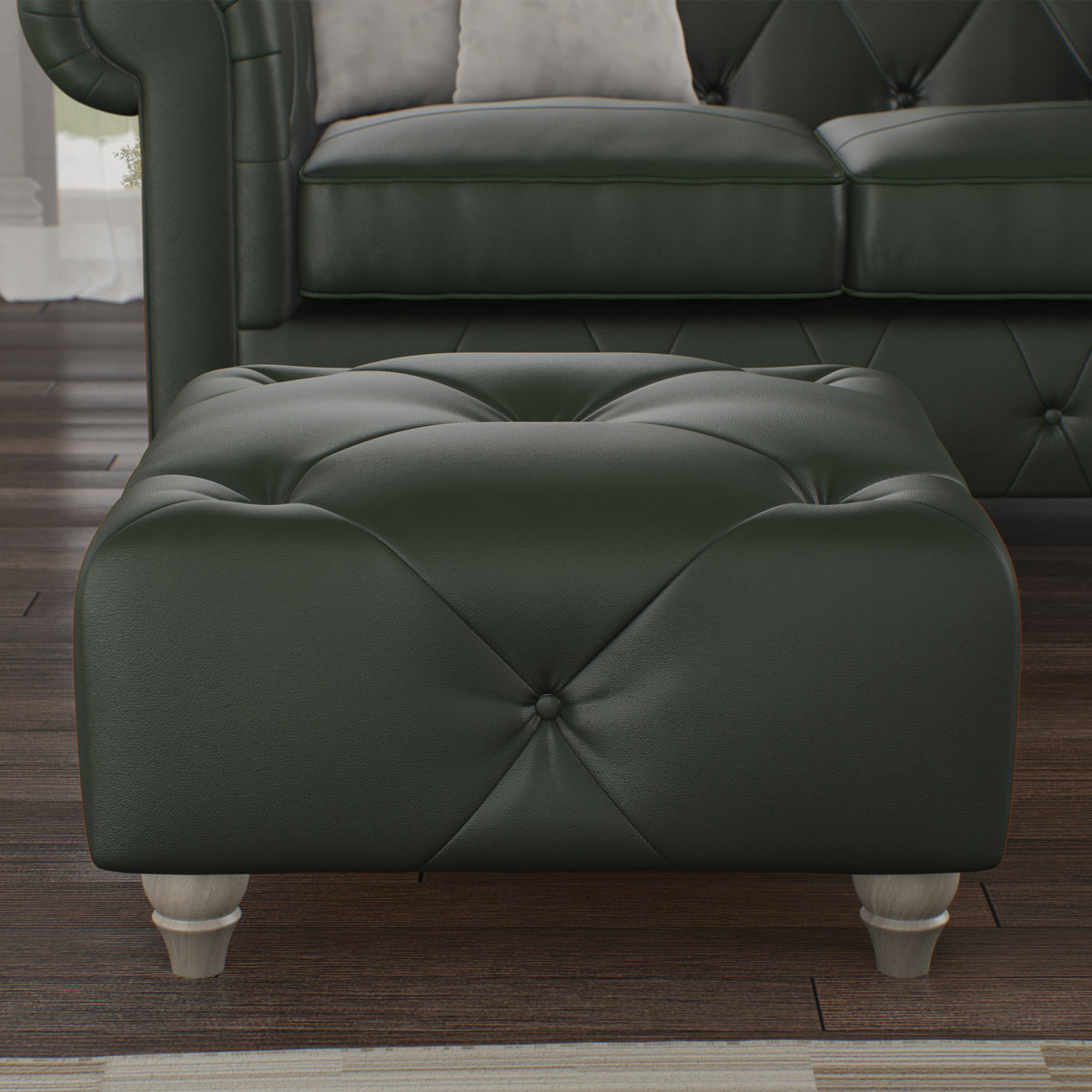 Everett Leather Footstool Green Washed Feet from Roseland Furniture