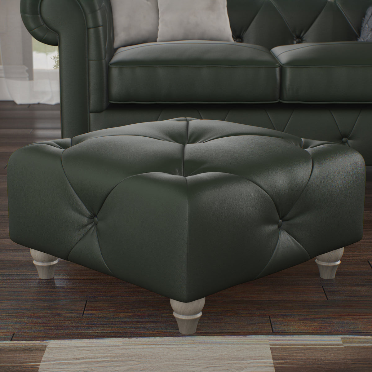 Everett Leather Footstool Green Washed Feet from Roseland Furniture