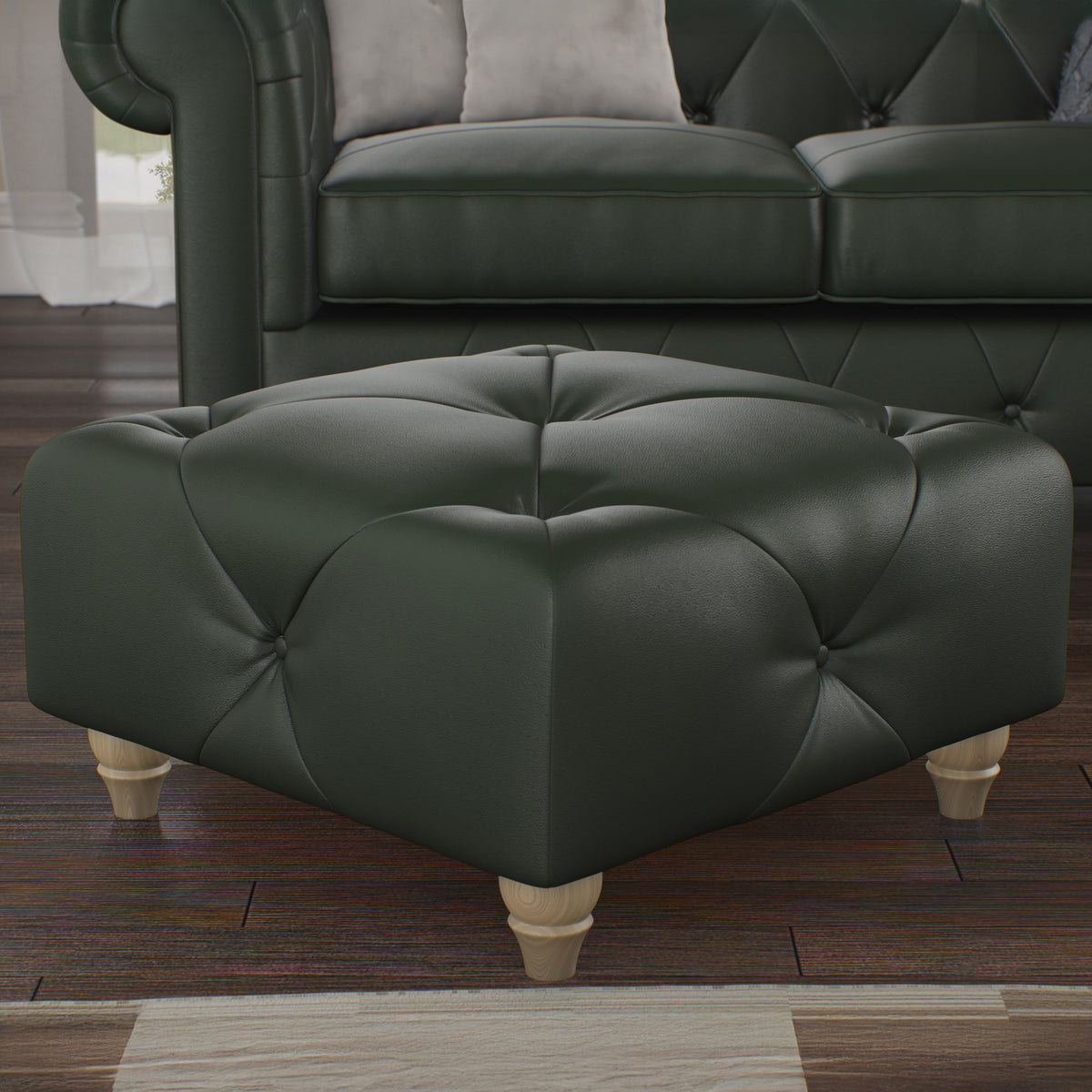Everett Leather Footstool Green Walnut Feet from Roseland Furniture