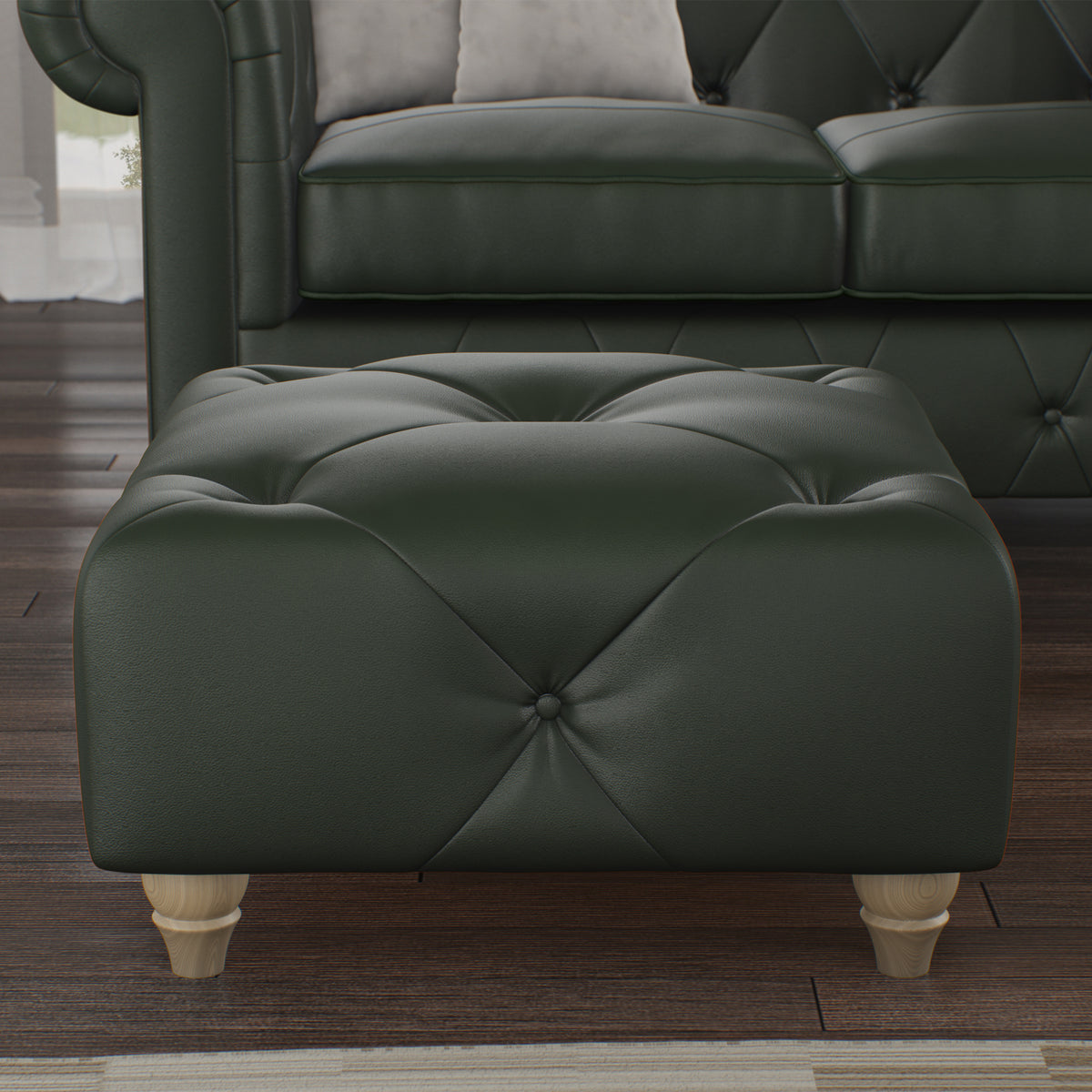 Everett Leather Footstool Green Walnut Feet from Roseland Furniture