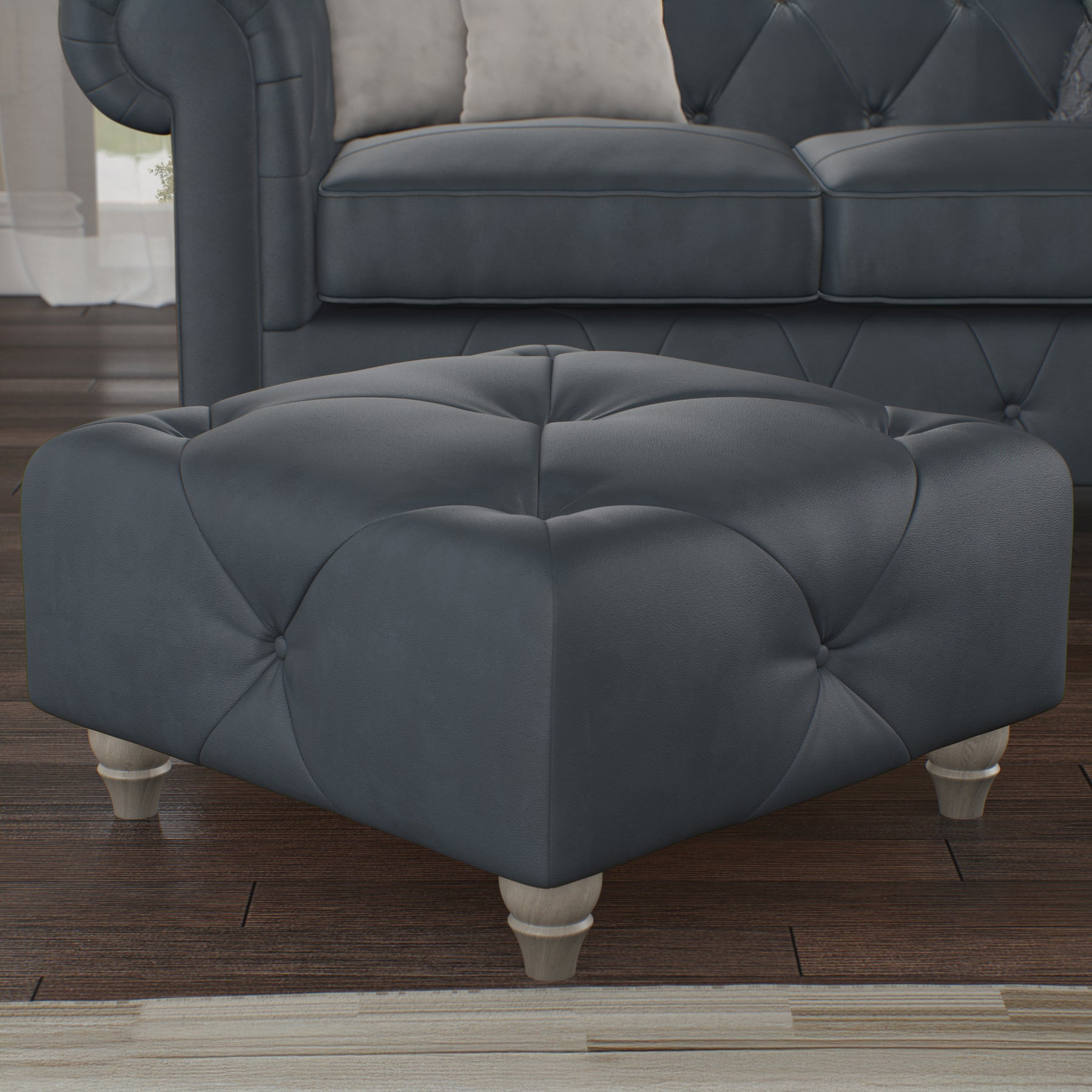 Everett Leather Footstool Navy Washed Feet from Roseland Furniture