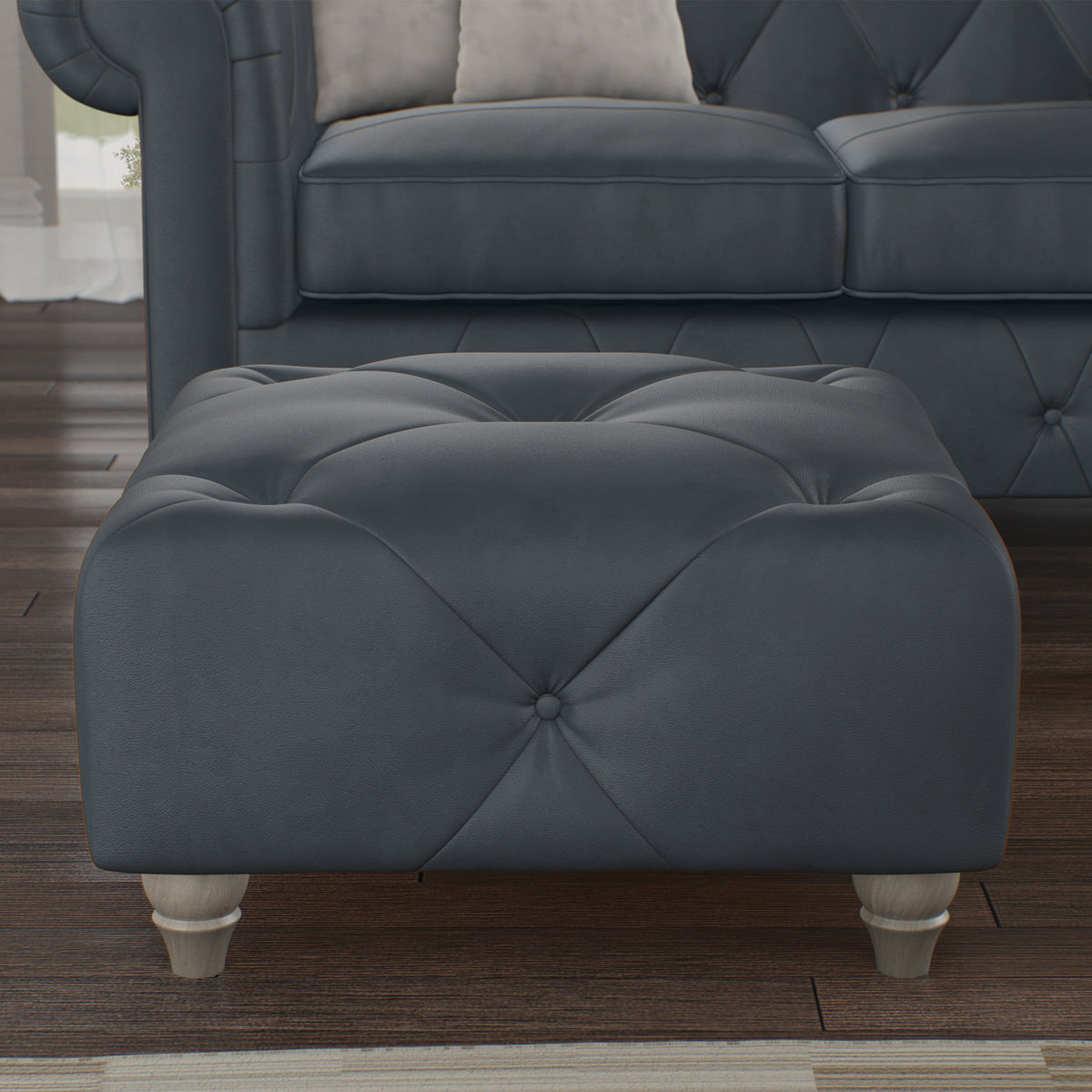 Everett Leather Footstool Navy Washed Feet from Roseland Furniture