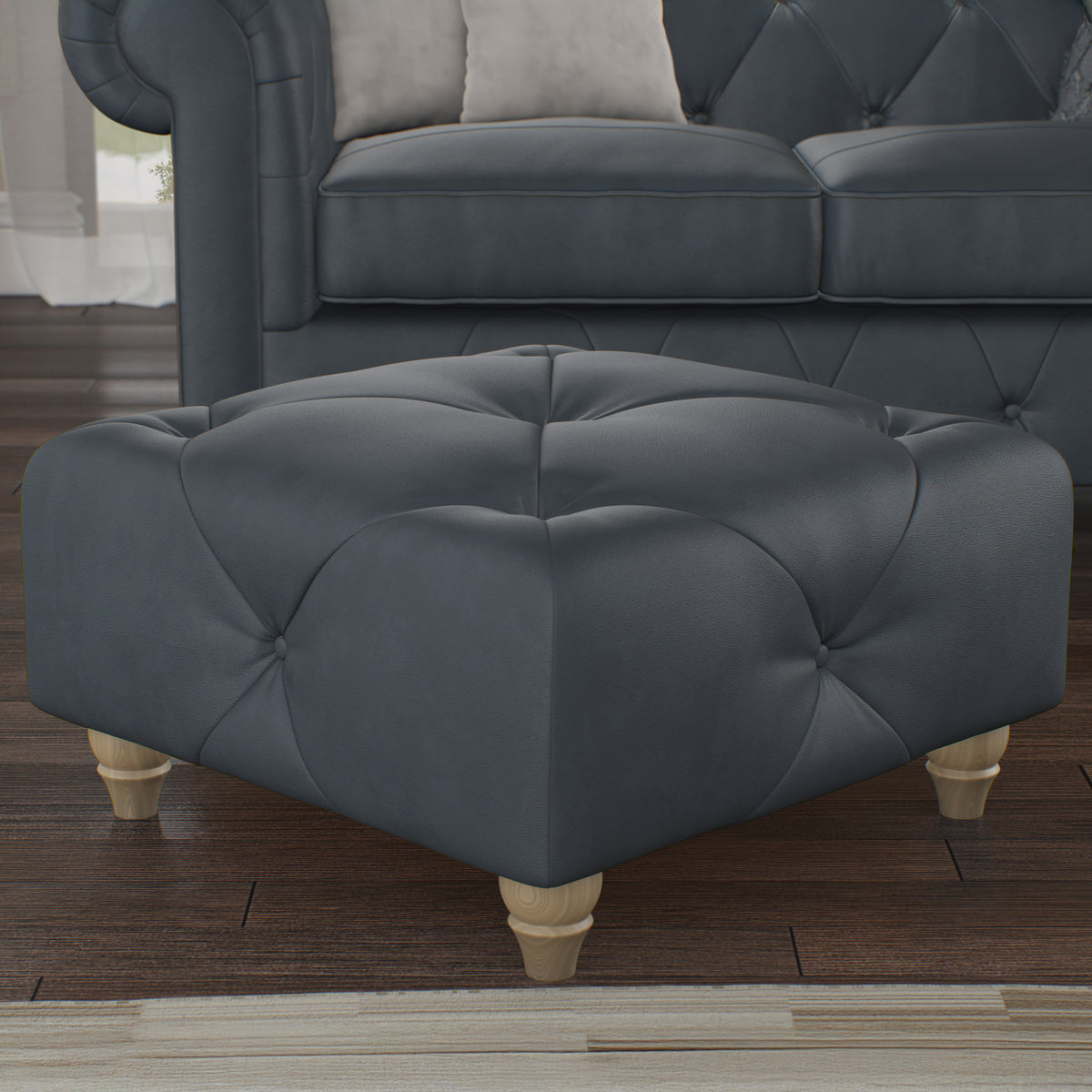 Everett Leather Footstool Navy Walnut Feet from Roseland Furniture