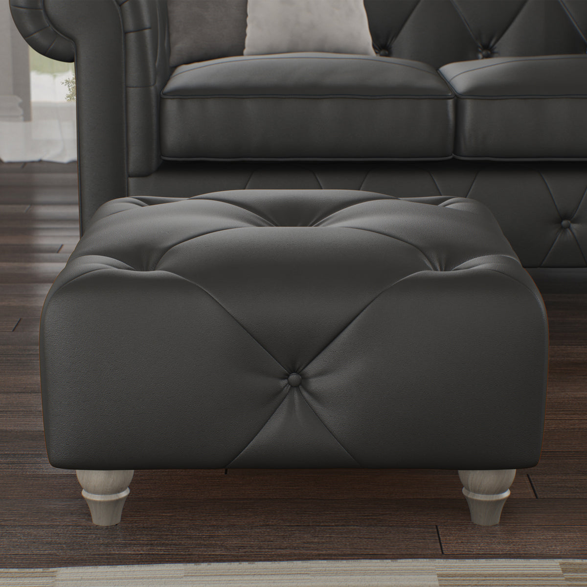 Everett Leather Footstool Raven Washed Feet from Roseland Furniture