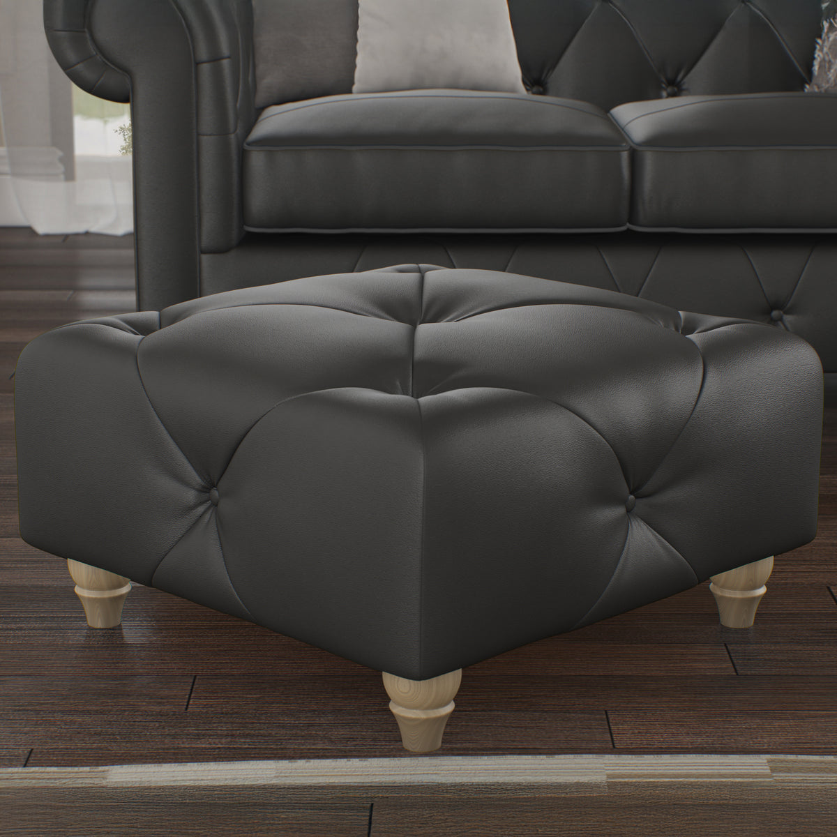 Everett Leather Footstool Raven Walnut Feet from Roseland Furniture