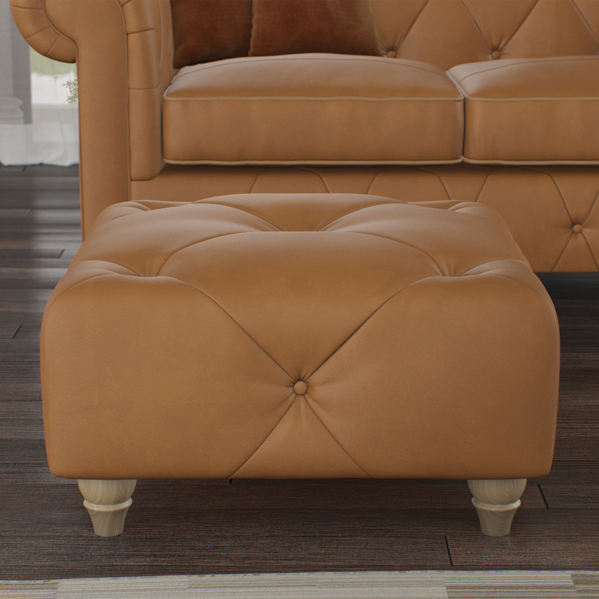 Everett Leather Footstool Saddle Walnut Feet from Roseland Furniture