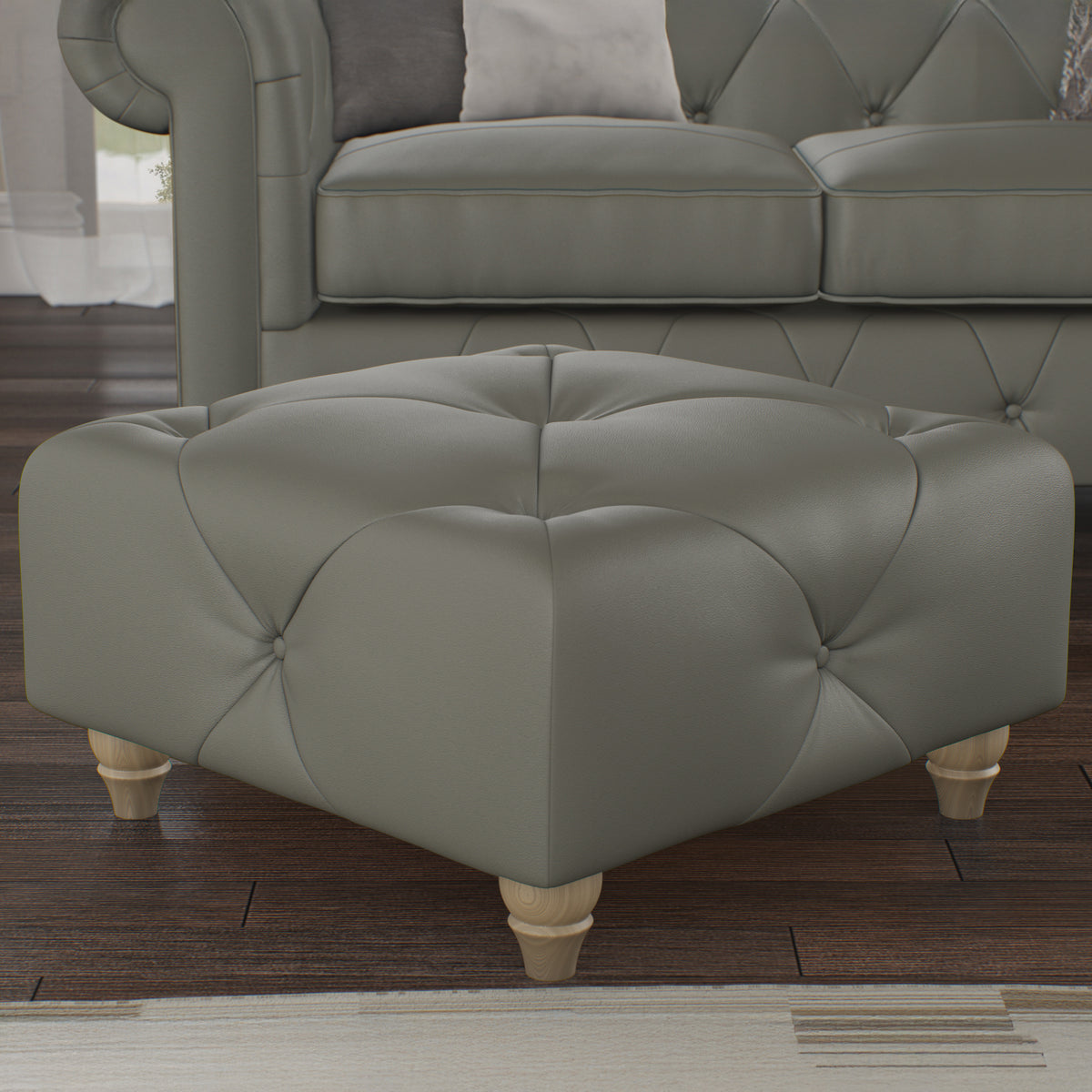 Everett Leather Footstool Stone Walnut Feet from Roseland Furniture