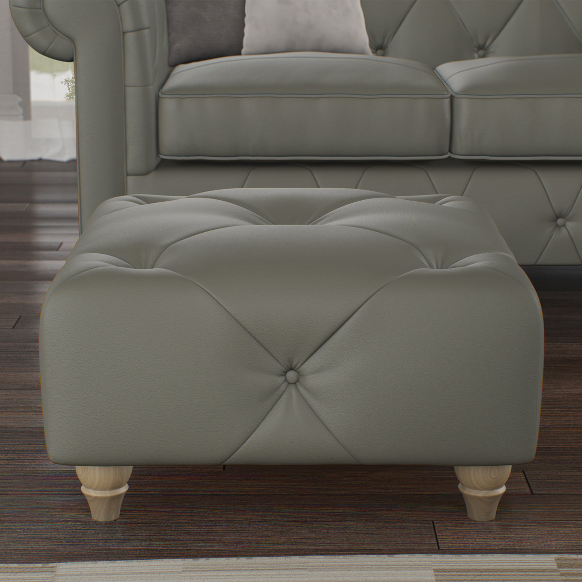 Everett Leather Footstool Stone Walnut Feet from Roseland Furniture