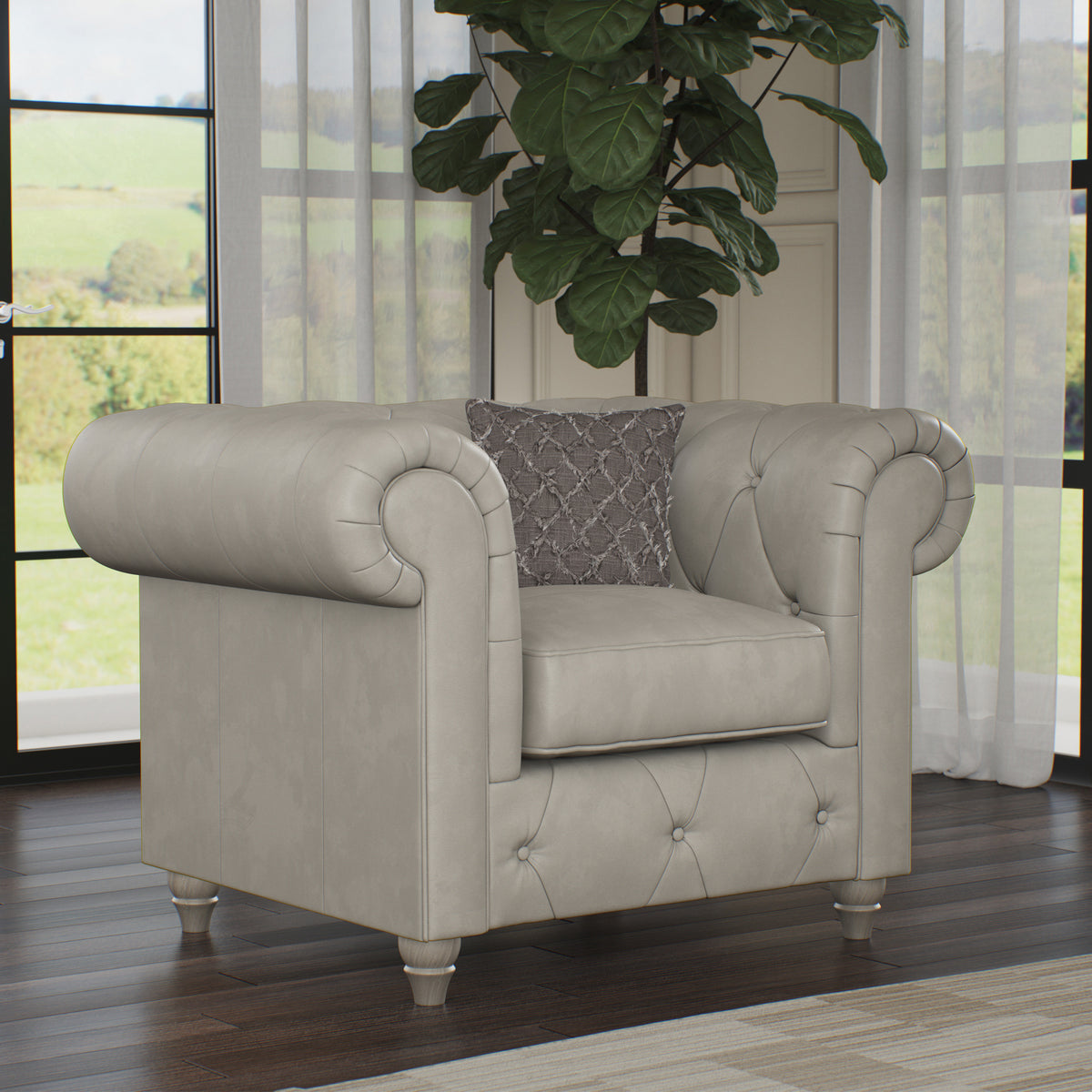 Everett Leather Armchair Cloud Grey Washed Oak Feet from Roseland Furniture