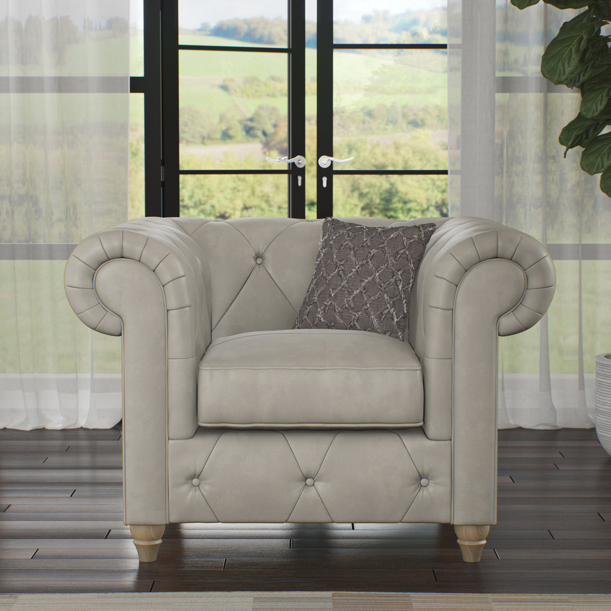 Everett Leather Armchair Cloud Grey Walnut Feet from Roseland Furniture