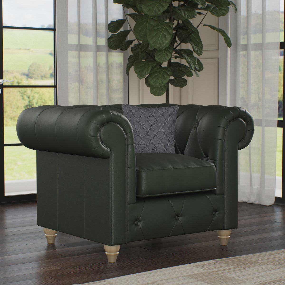 Everett Leather Armchair Green Walnut Feet from Roseland Furniture