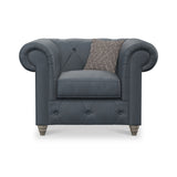 Everett Leather Armchair Navy Washed Oak Feet from Roseland Furniture